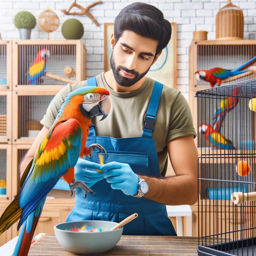 Professional macaw trainer demonstrating effective macaw training techniques to overcome common macaw behavior problems in a well-equipped environment.