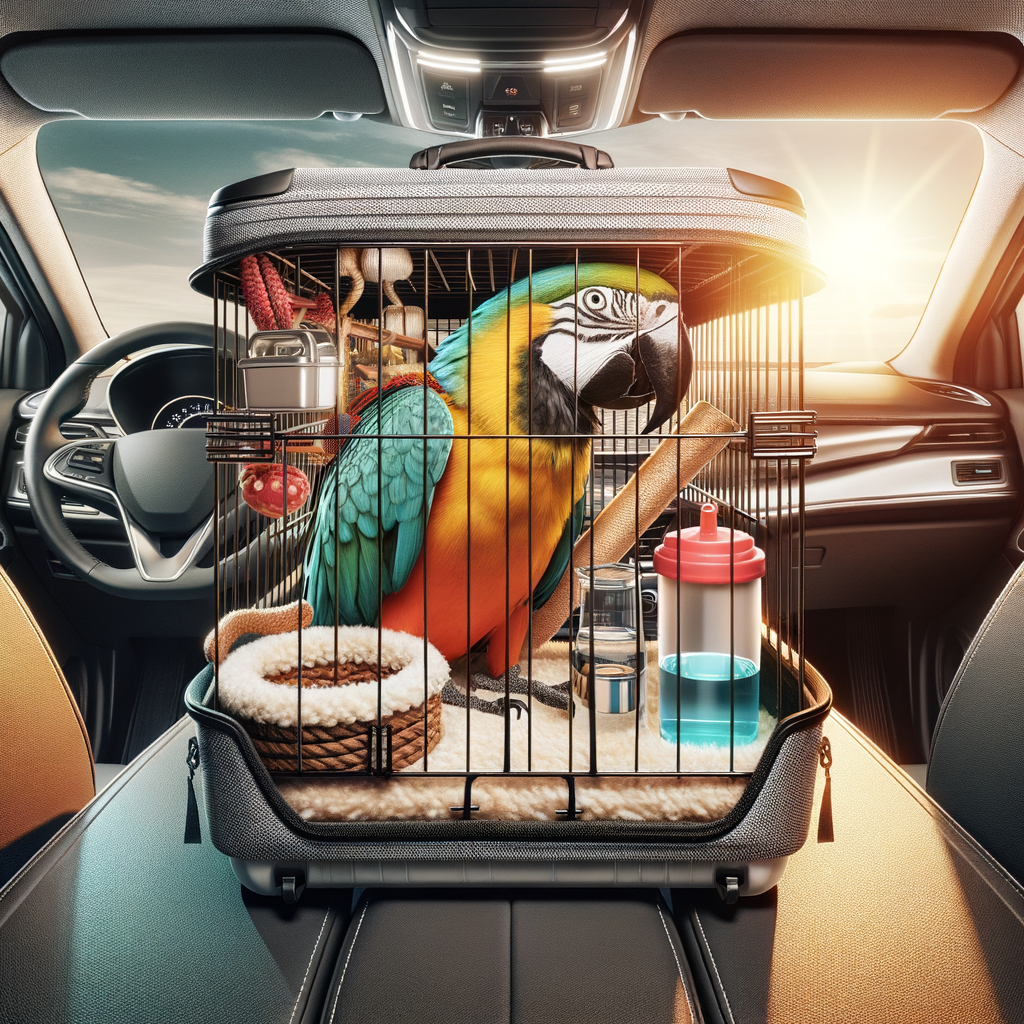 Vibrant macaw in a secure travel cage with essential items in a car, showcasing macaw travel safety and tips.