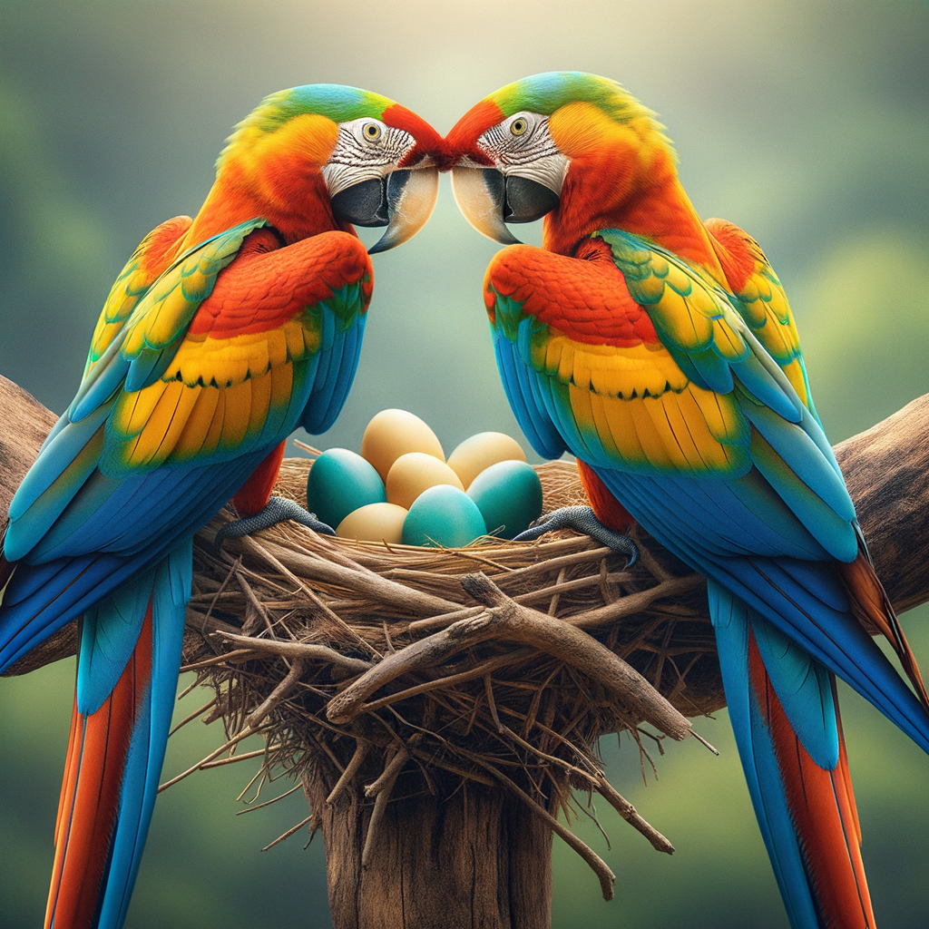 Vibrant macaws engaging in courtship displays on a tree branch, highlighting macaw breeding habits and nesting behavior with visible eggs in the background.