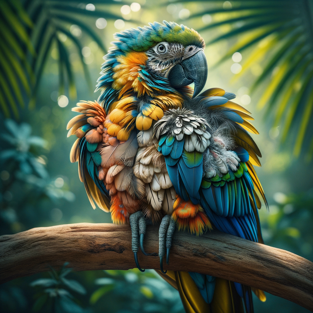 Vibrant macaw on a branch, displaying molting stages with old and new feathers, set against a tropical backdrop, illustrating macaw molting process and feather health.