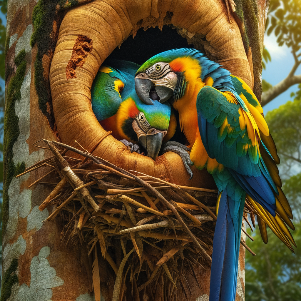 Vibrant macaws building a nest in a tree cavity, highlighting macaw nesting behavior and parental care.