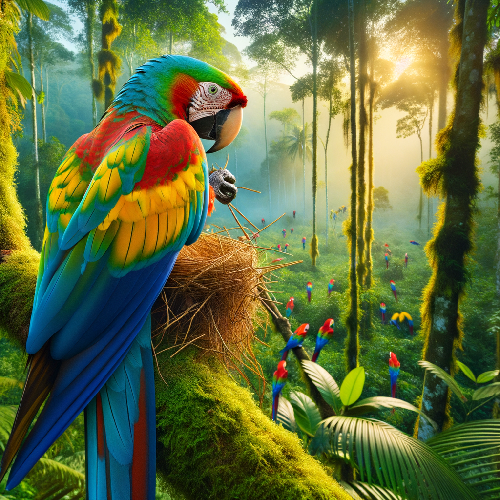 Vibrant macaw displaying seasonal behavior changes in a lush tropical forest, highlighting macaw breeding season, nesting habits, and social interactions.